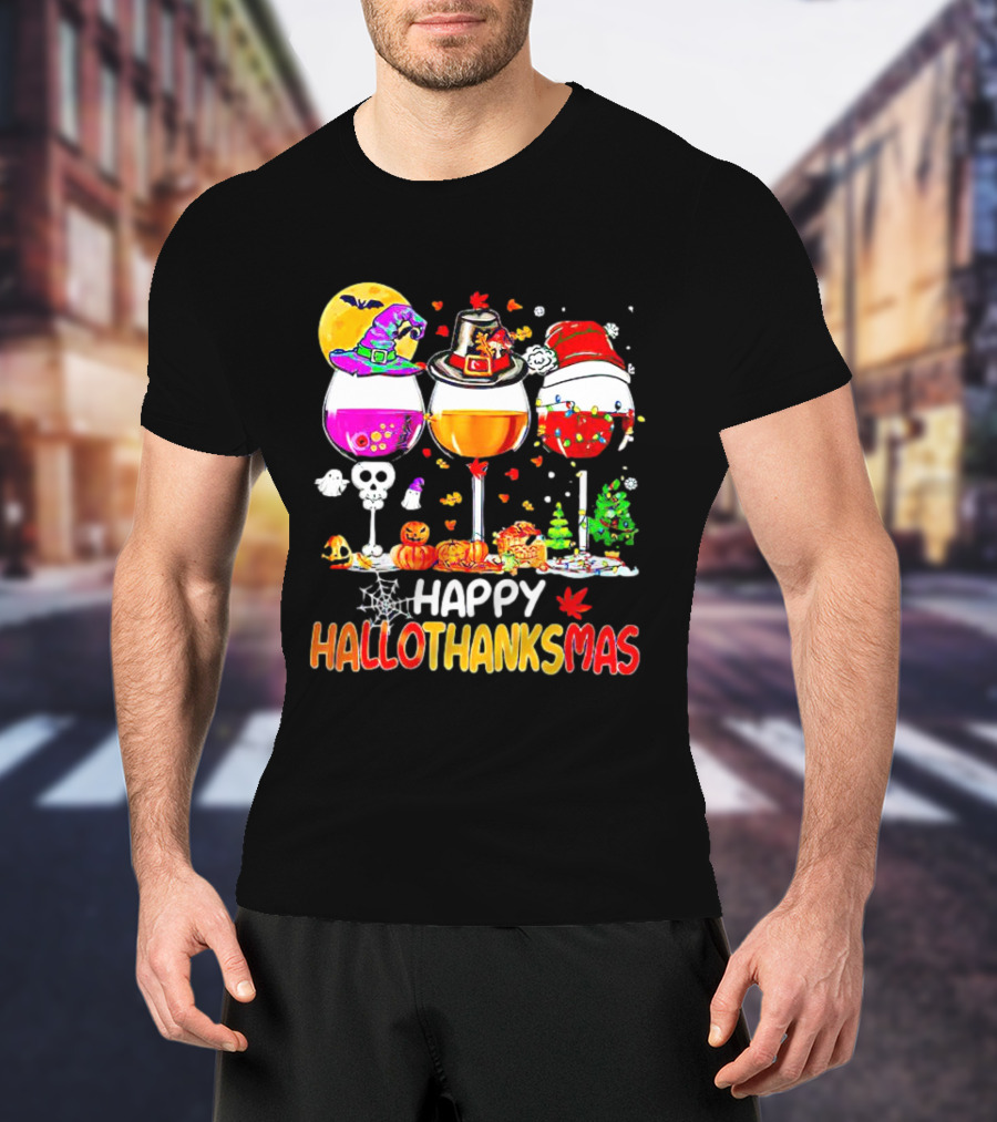 Happy Hallothanksmas Wine Halloween Thanksgiving Christmas T-Shirt