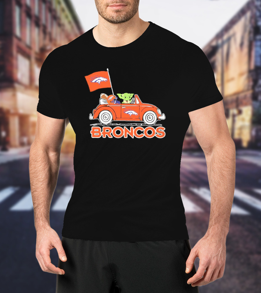 Yoda With Helmet In Denver Broncos Car With Flag T-Shirt