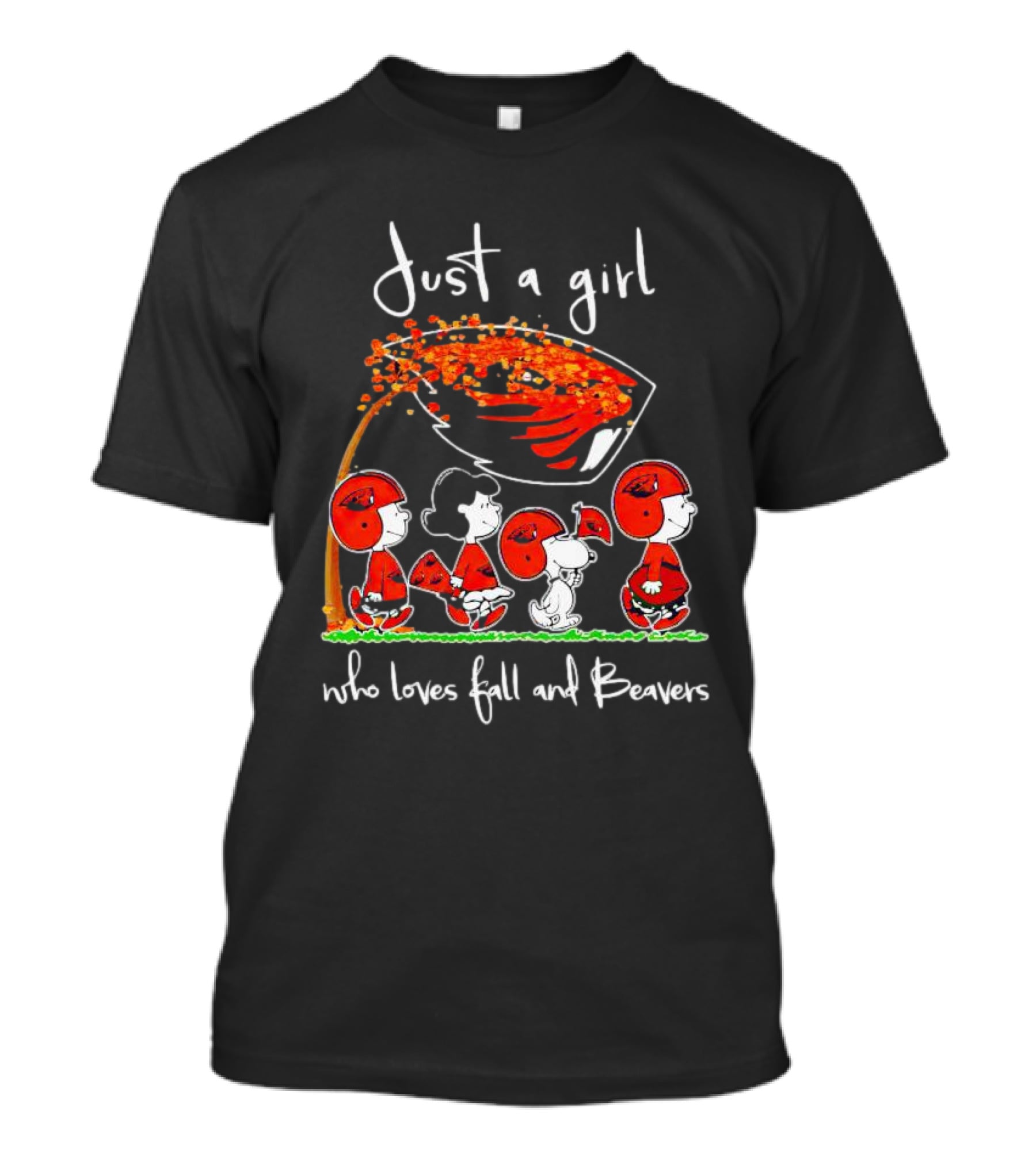 Just A Girl Who Loves Fall And Beavers Peanuts Characters In Football Gear T-Shirt