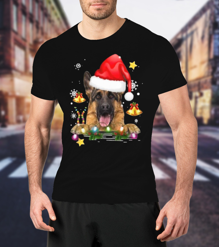 Happy Merry Christmas Lights German Shepherd Dog Festive Santa Hat T-Shirt
