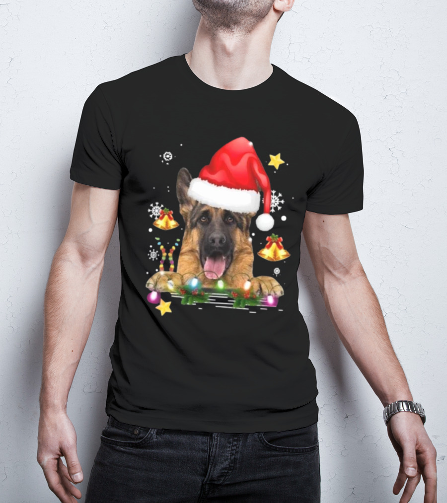 Happy Merry Christmas Lights German Shepherd Dog Festive Santa Hat T-Shirt