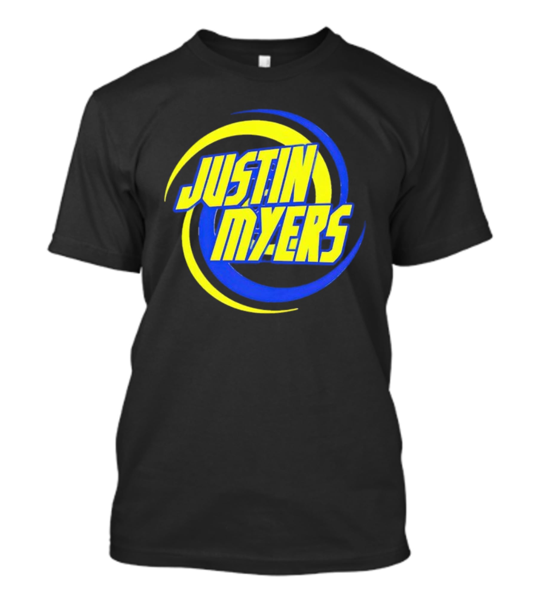 JUSTIN MYERS Blue Yellow Spiral Circle Text T-Shirt