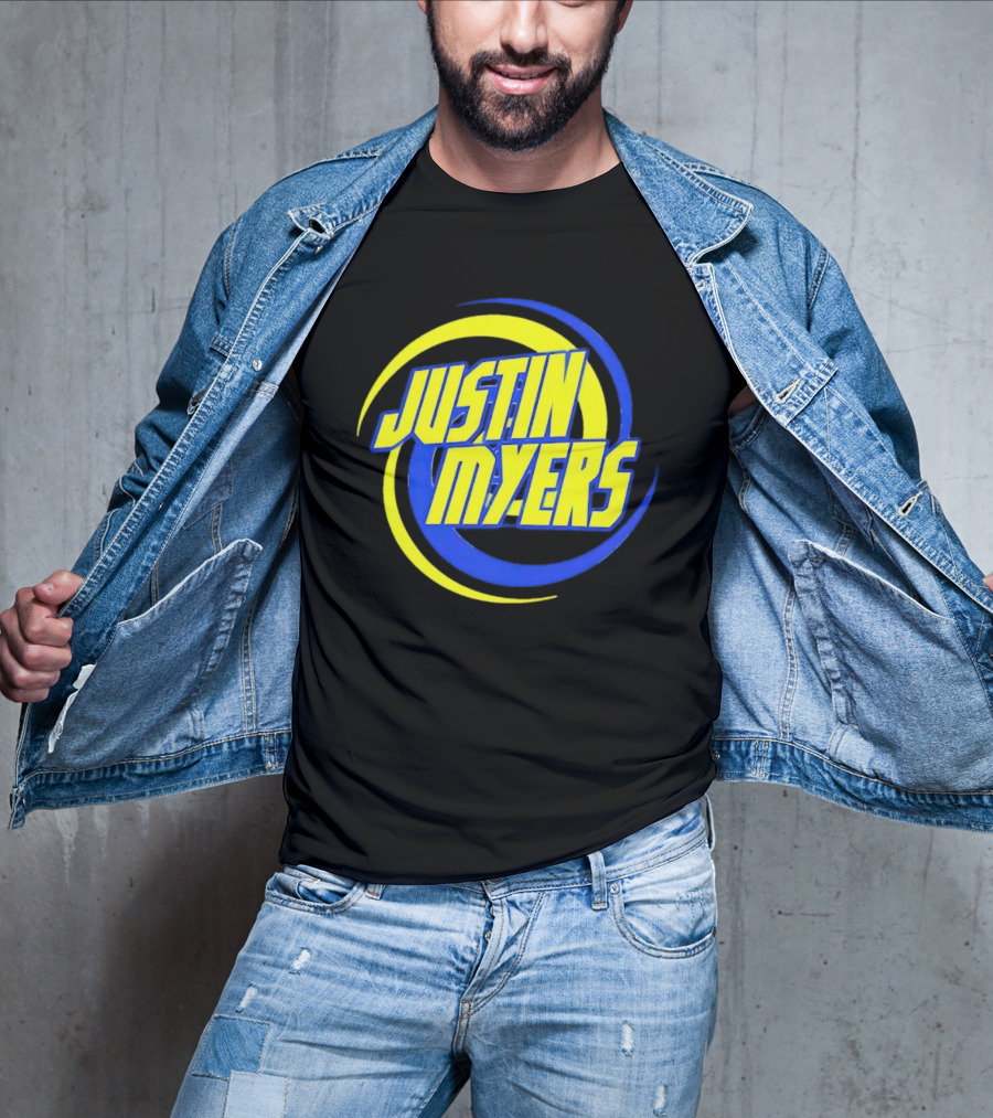 JUSTIN MYERS Blue Yellow Spiral Circle Text T-Shirt