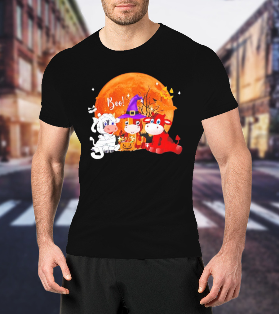 Boo Three Cow Halloween With Witch Hat Mummy And Devil In Front Of Full Moon T-Shirt