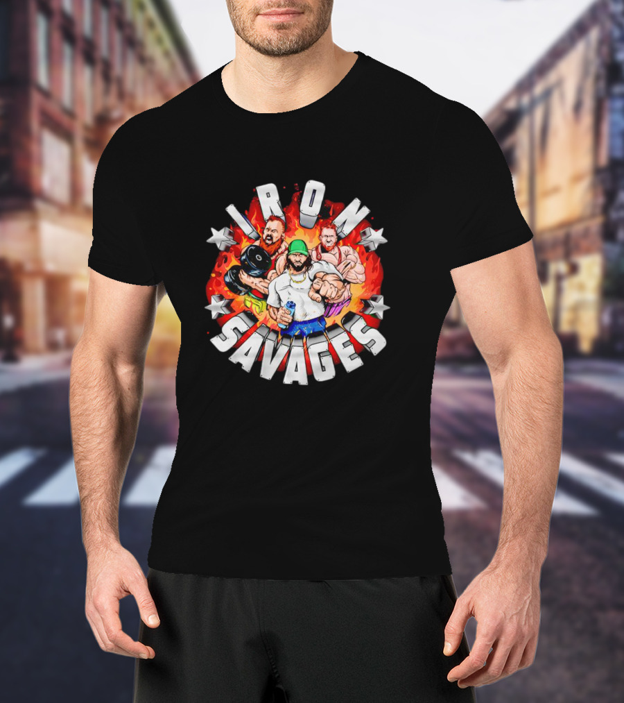 Iron Savages Pumping Iron Bodybuilders With Stars And Flames T-Shirt