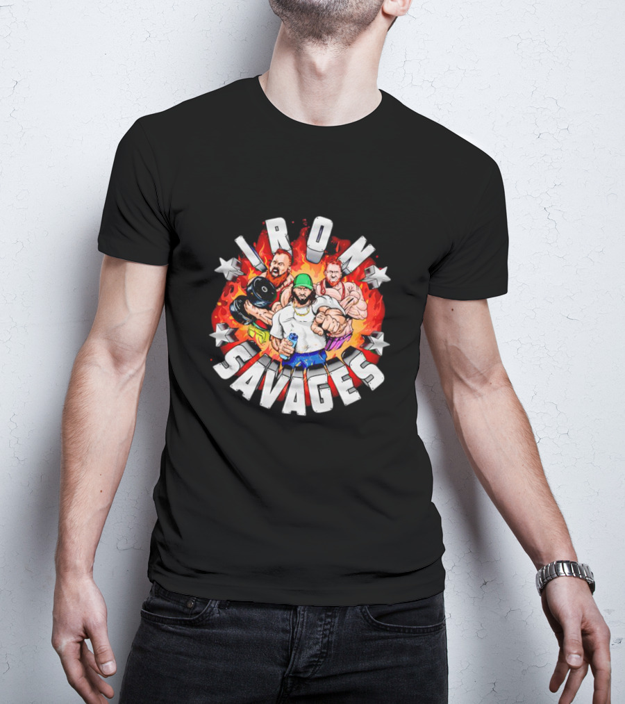 Iron Savages Pumping Iron Bodybuilders With Stars And Flames T-Shirt