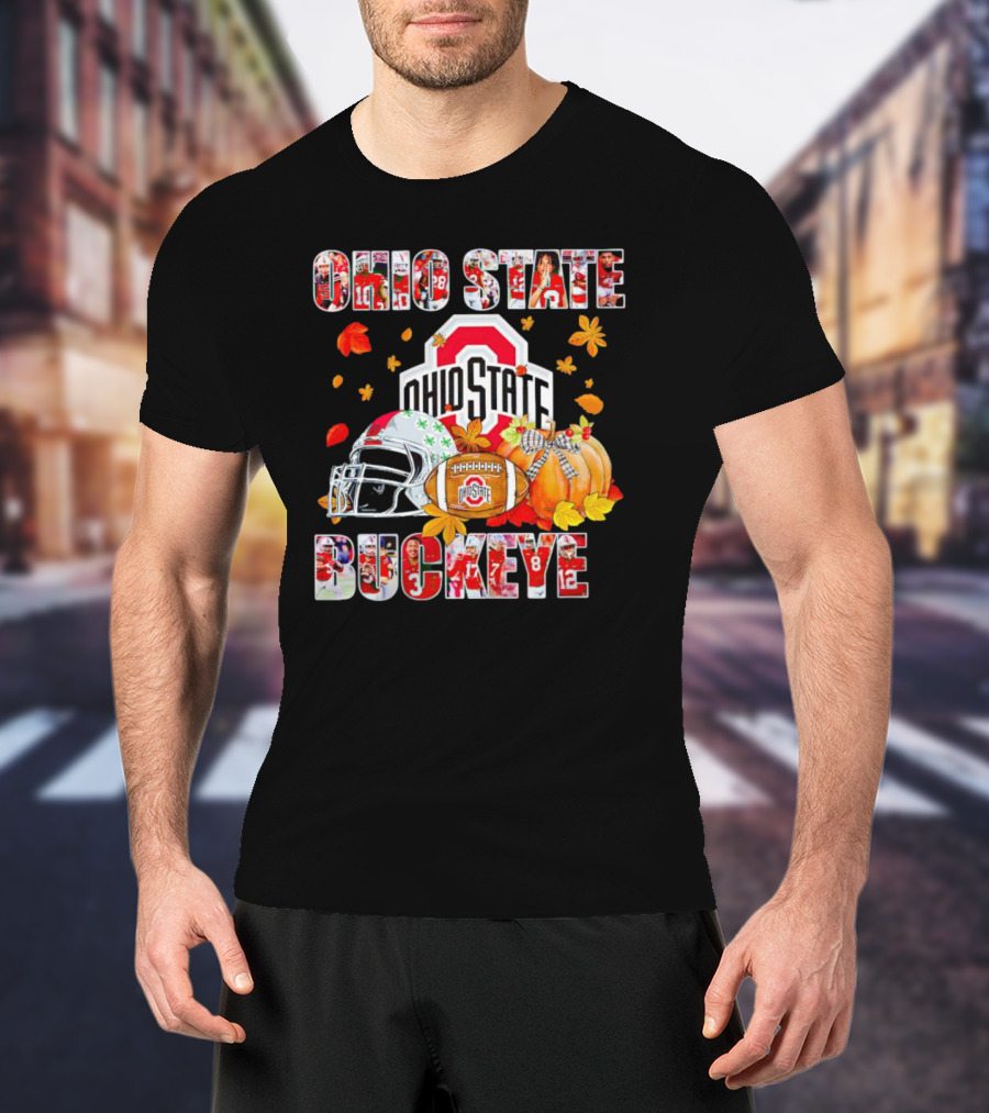 Ohio State Buckeyes Football Autumn Leaves Helmet Pumpkins T-Shirt