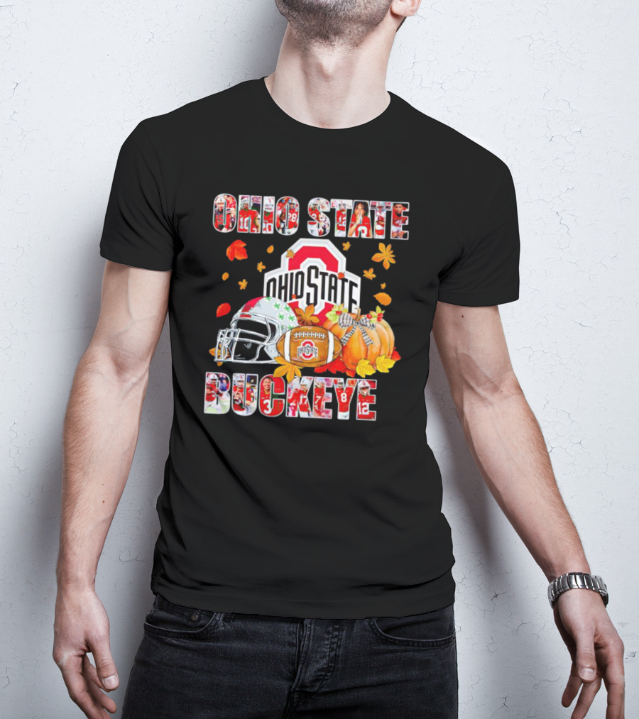 Ohio State Buckeyes Football Autumn Leaves Helmet Pumpkins T-Shirt