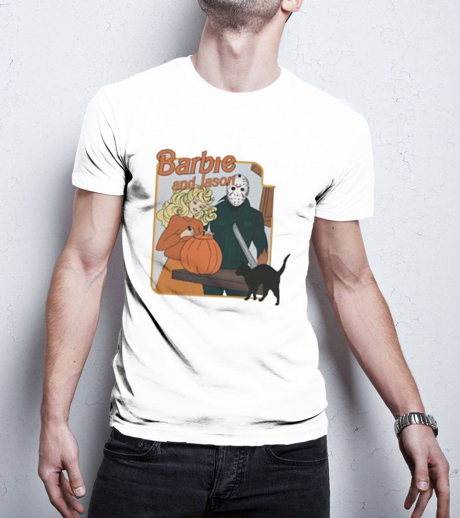 Barbie And Jason Halloween Pumpkin Carving With Black Cat T-Shirt