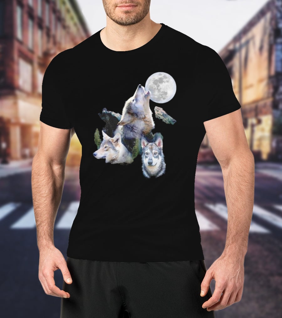 Gas Station Wolf Howling At Full Moon Trio T-Shirt