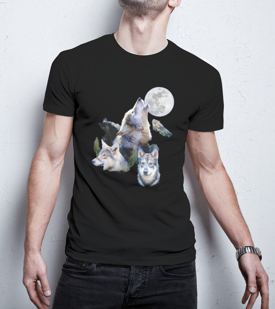 Gas Station Wolf Howling At Full Moon Trio T-Shirt