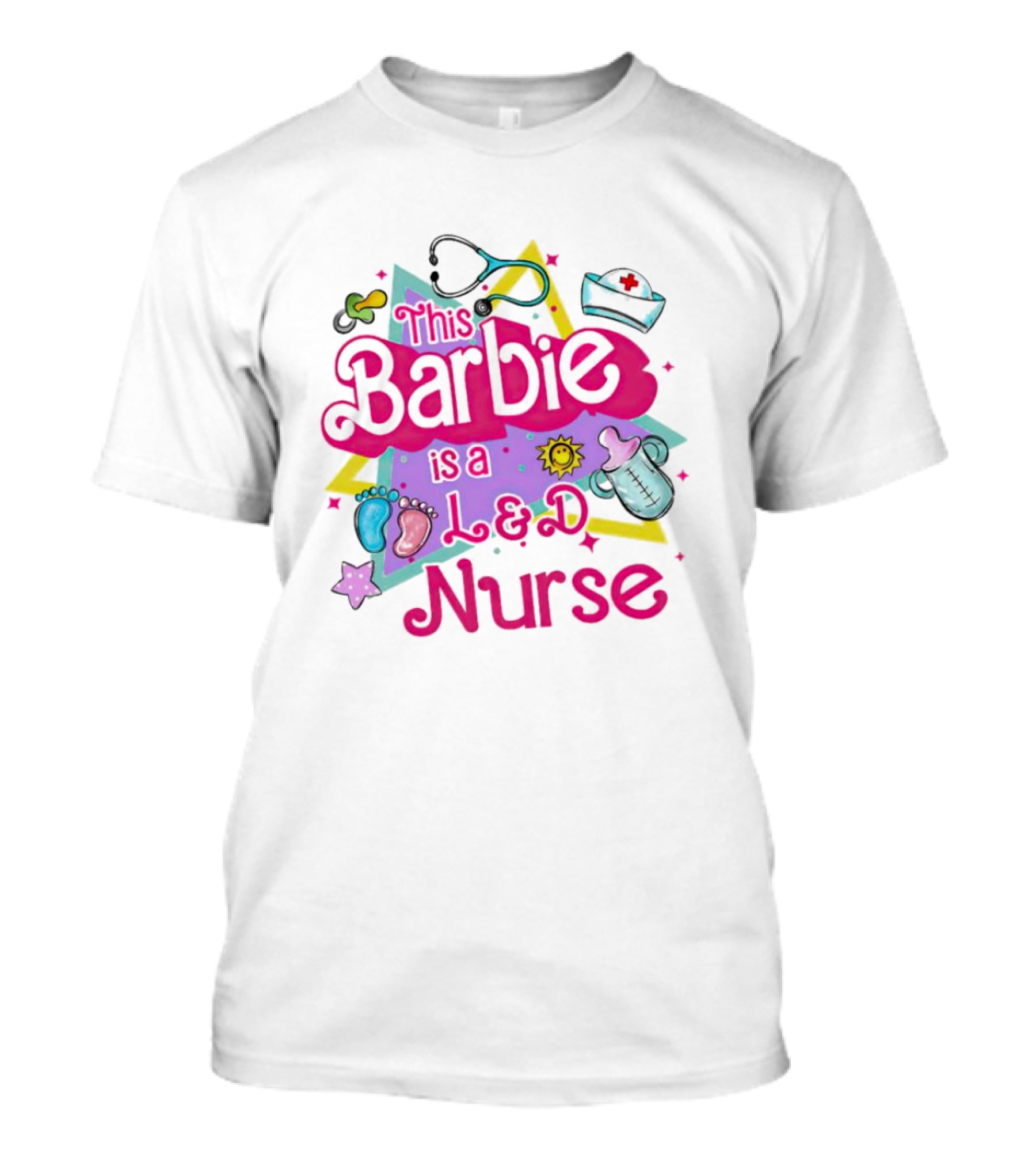 This Barbie Is A L&D Nurse With Stethoscope Baby Feet Bottle Sun Icons T-Shirt