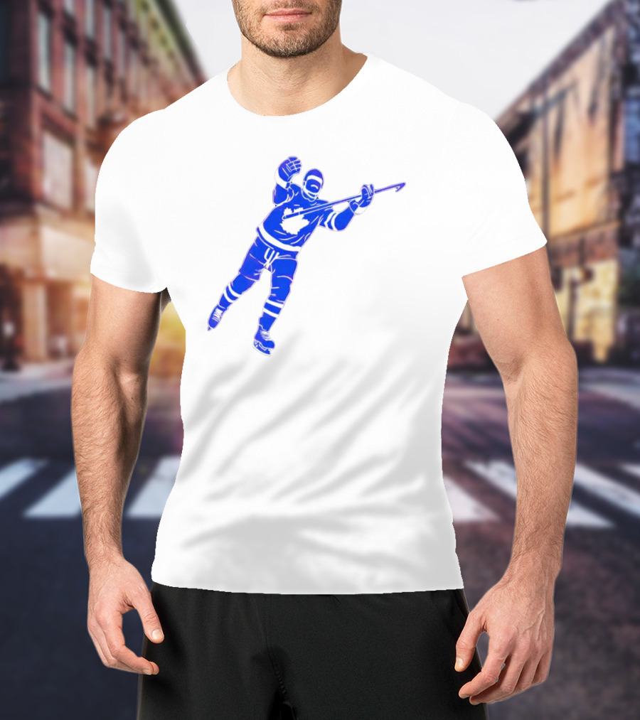 Auston Matthews Celebratory Pose Toronto Maple Leafs Player In Blue And White Hockey Gear T-Shirt