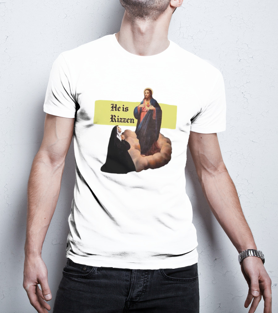 He Is Rizzen Jesus With Nun Praying On Cloud T-Shirt