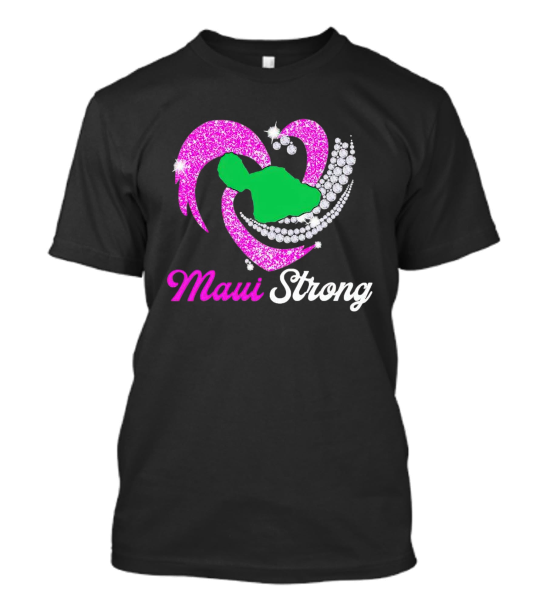 Maui Strong Pink Glitter Heart With Green Island And Diamond Accents T-Shirt