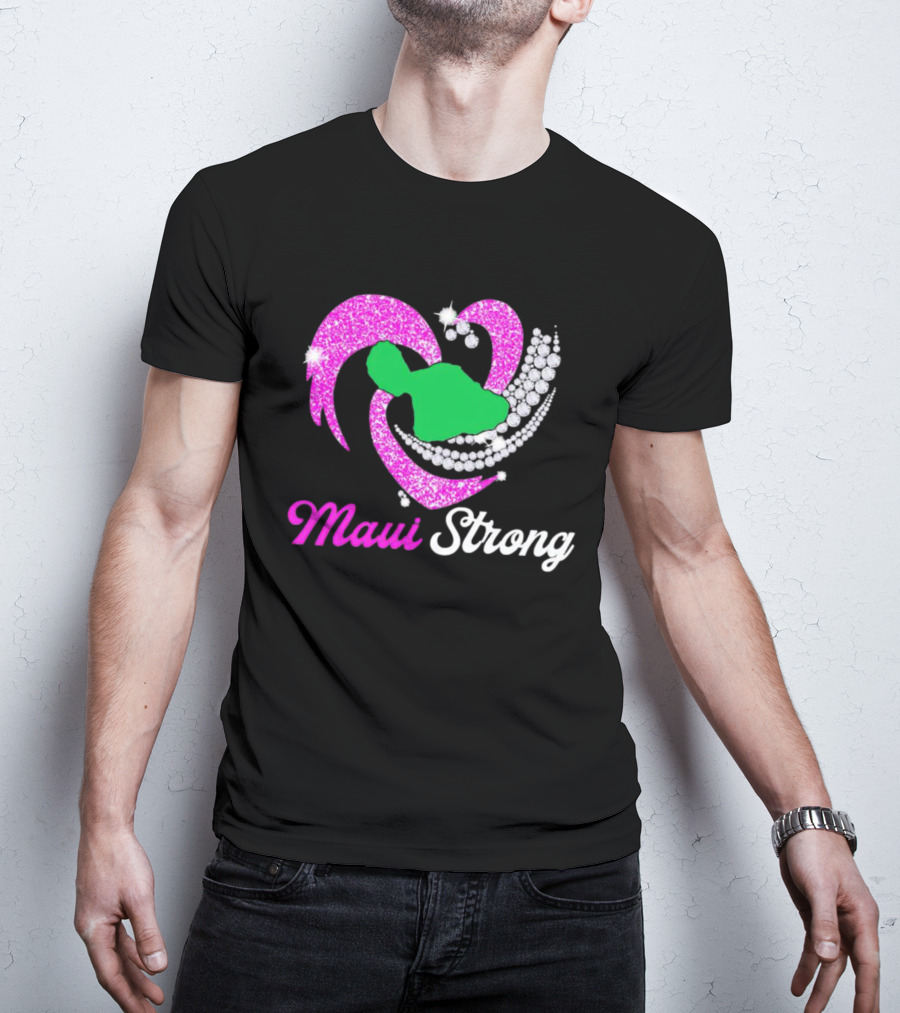 Maui Strong Pink Glitter Heart With Green Island And Diamond Accents T-Shirt