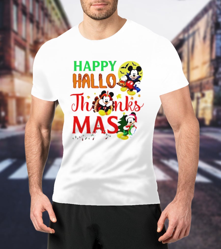 Mickey Mouse Happy Hallothanksmas Halloween Thanksgiving Christmas T-Shirt