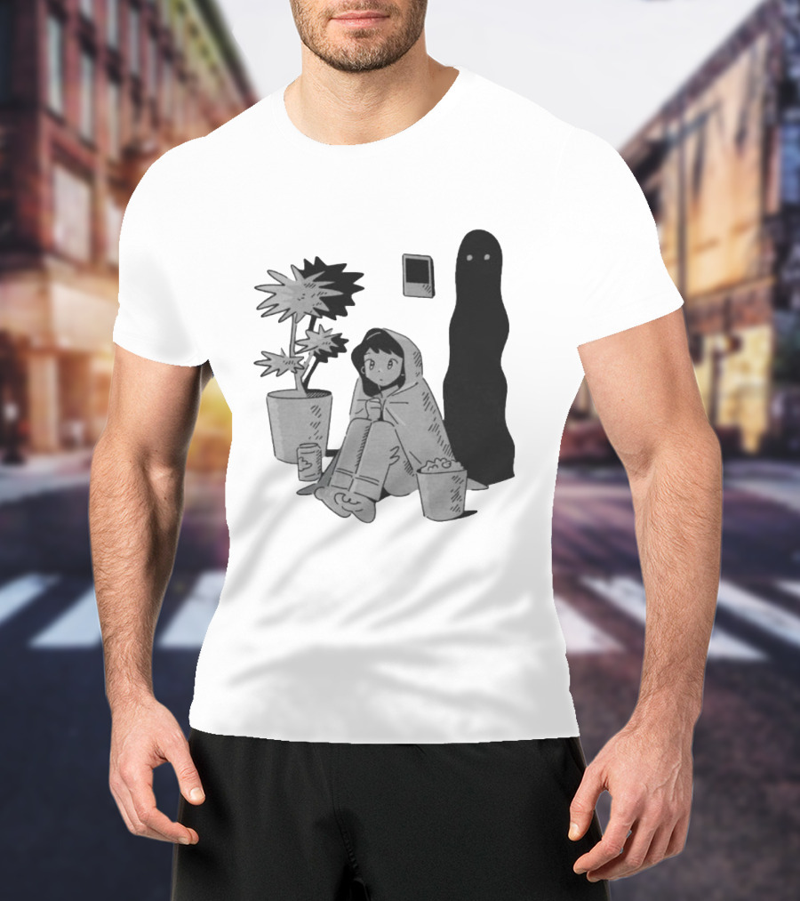 Phantom Cozy: Ghostly Companion And Snuggled Figure With Plant And Snacks T-Shirt