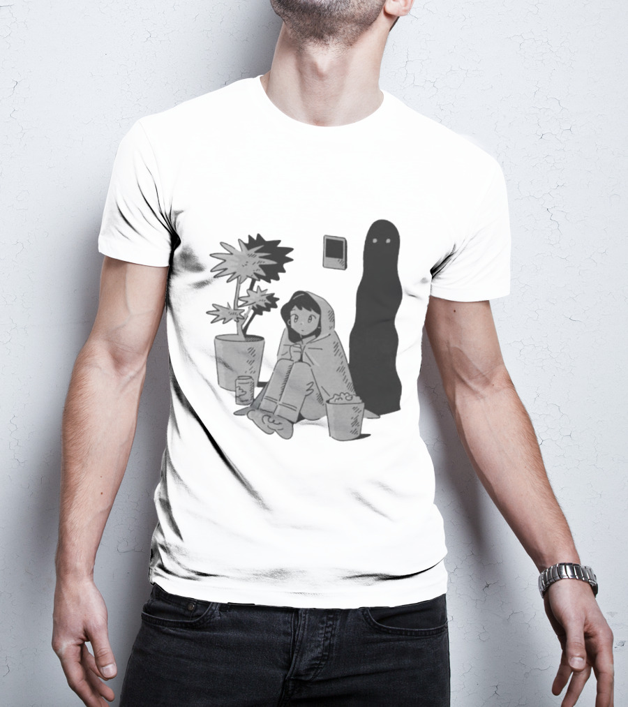 Phantom Cozy: Ghostly Companion And Snuggled Figure With Plant And Snacks T-Shirt