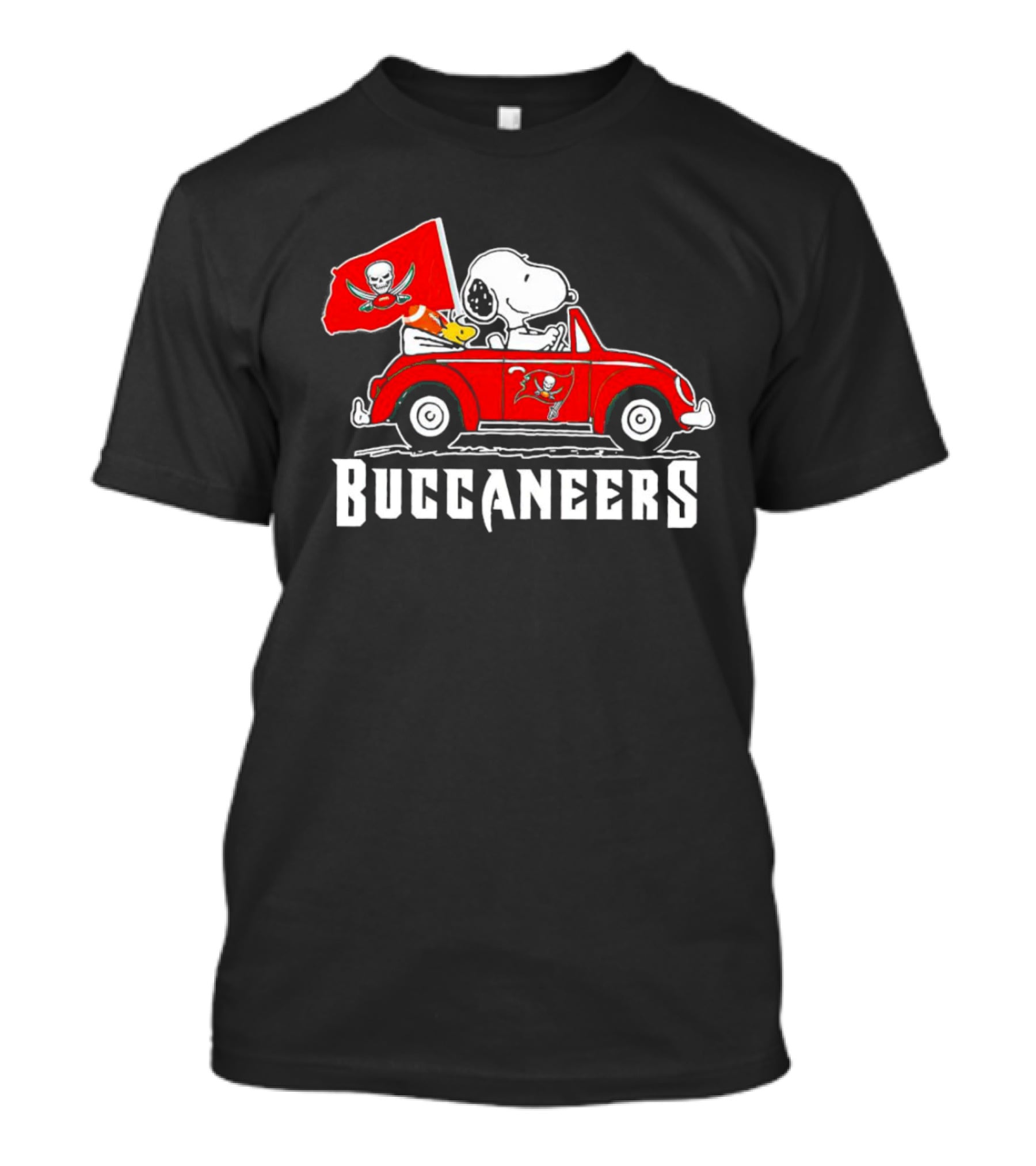 Snoopy And Woodstock In Car With Buccaneers Flag T-Shirt