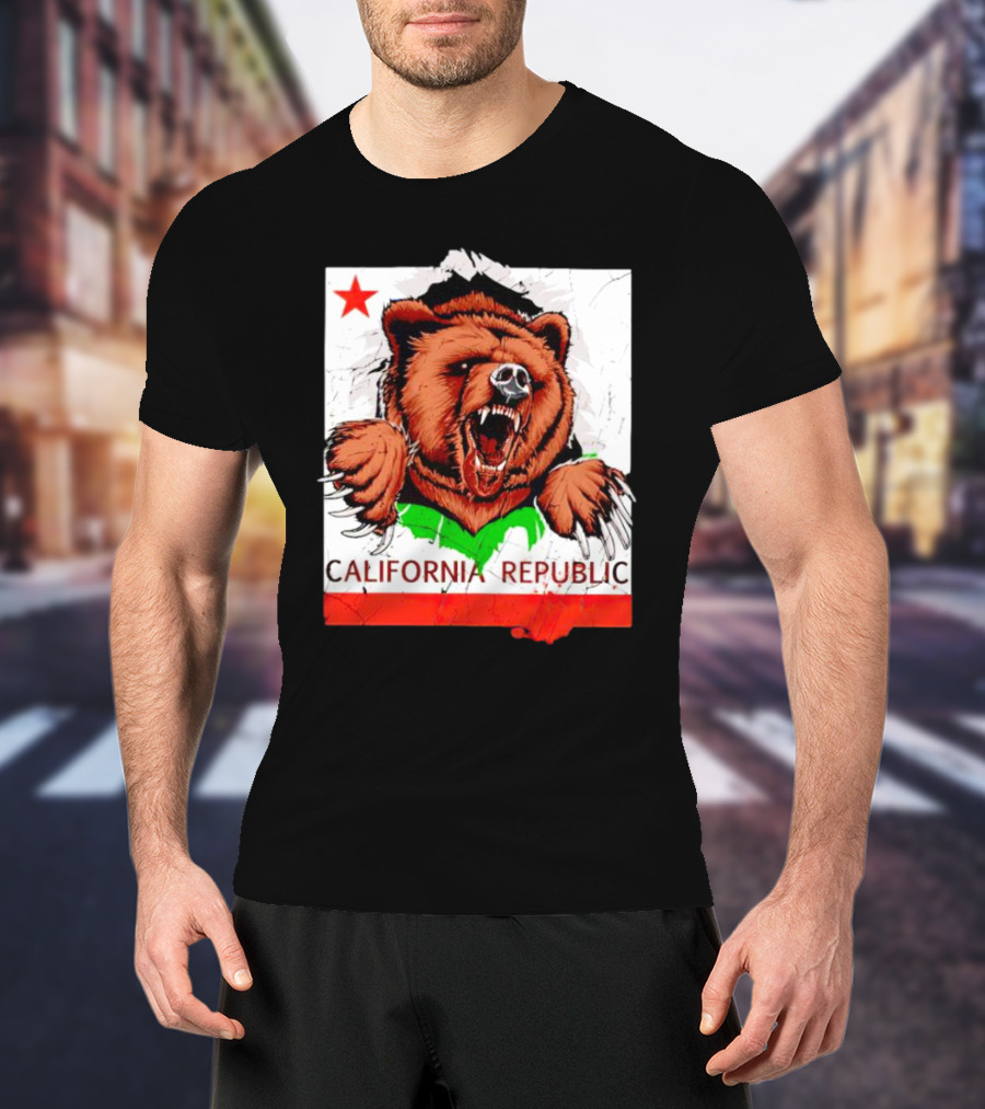 California Republic Bear Roaring Star Red Stripe T-Shirt