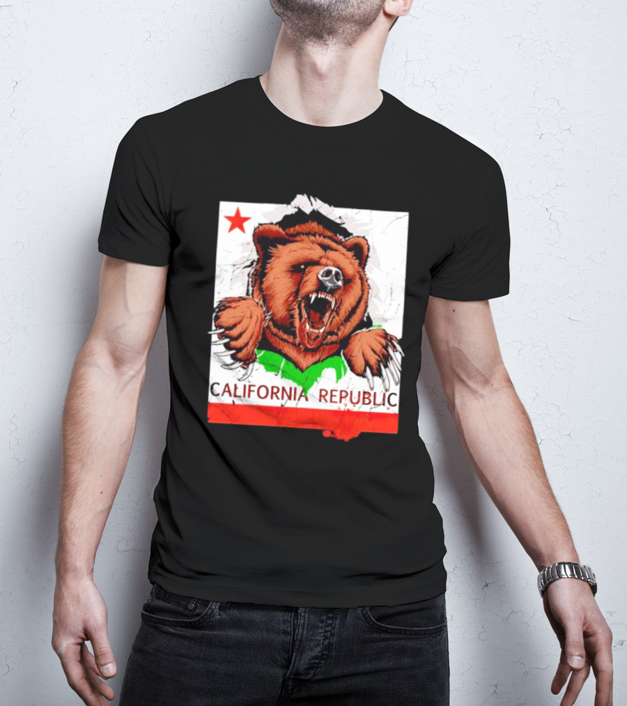 California Republic Bear Roaring Star Red Stripe T-Shirt