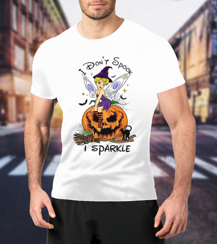 I Don’t Spook I Sparkle Witch Fairy On Pumpkin Halloween Scene T-Shirt