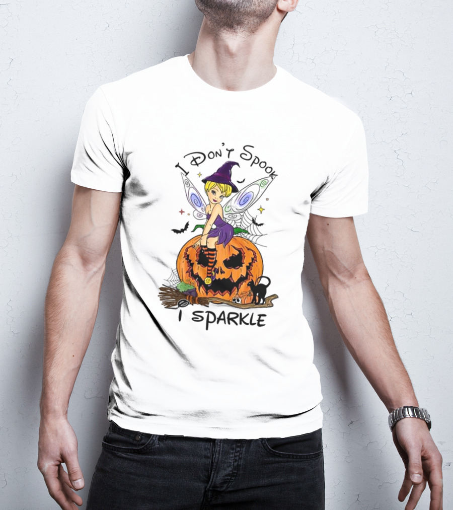 I Don’t Spook I Sparkle Witch Fairy On Pumpkin Halloween Scene T-Shirt