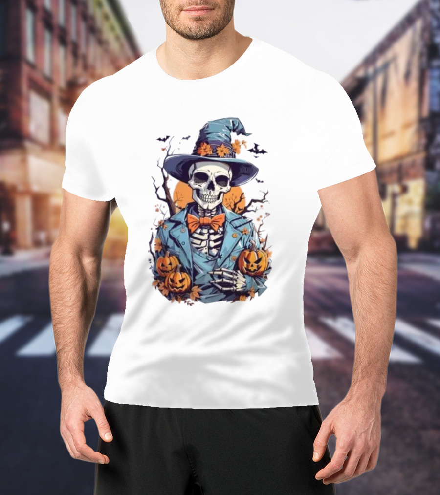 Happy Halloween Skeleton Jack-O'-Lantern Bow Tie Hat T-Shirt