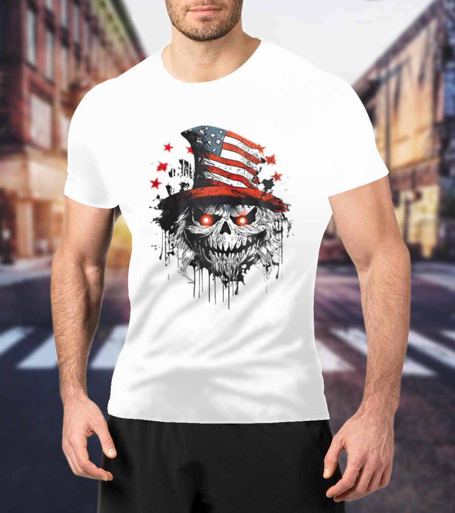 Uncle Sam Skull With American Flag Hat And Red Stars T-Shirt