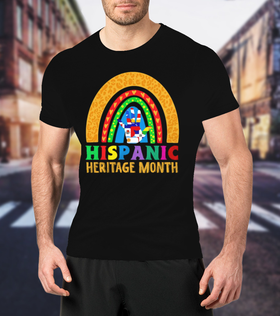 Hispanic Heritage Month Rainbow With Flag Mosaic Hand T-Shirt
