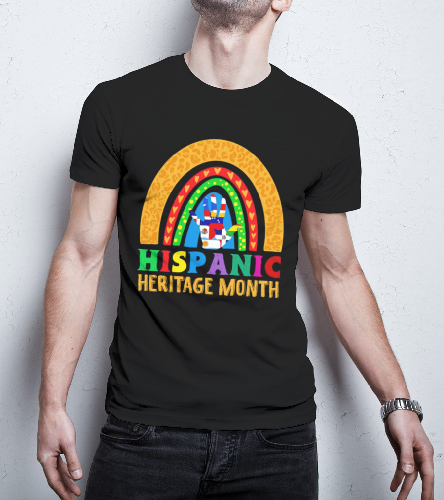 Hispanic Heritage Month Rainbow With Flag Mosaic Hand T-Shirt