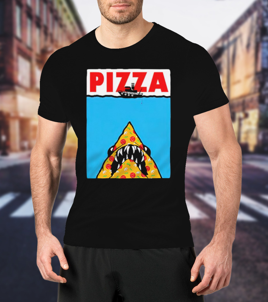 Pizza Slice Jaws Parody With Boat And Ocean T-Shirt