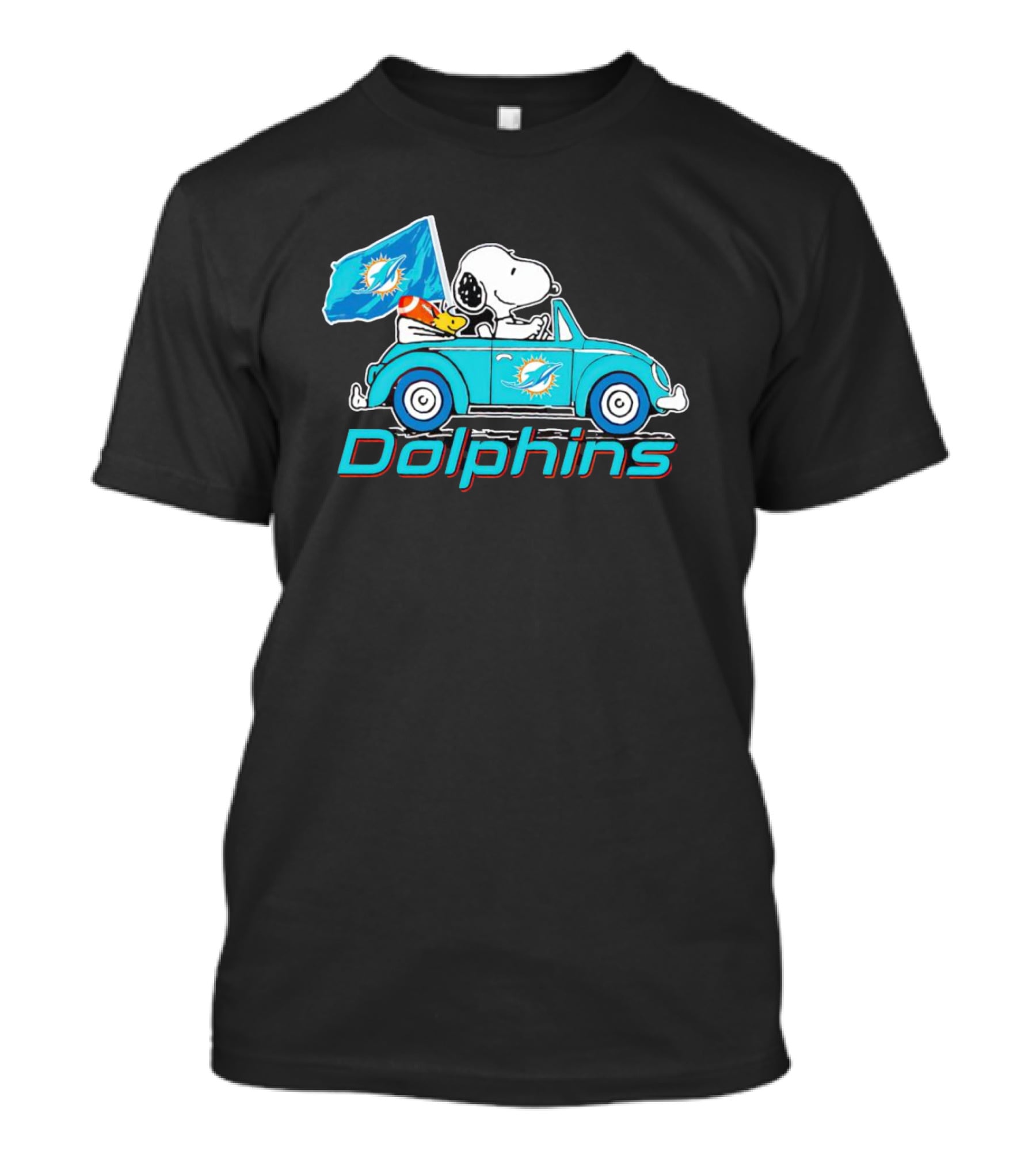 Snoopy And Woodstock Driving Car Miami Dolphins Flag T-Shirt