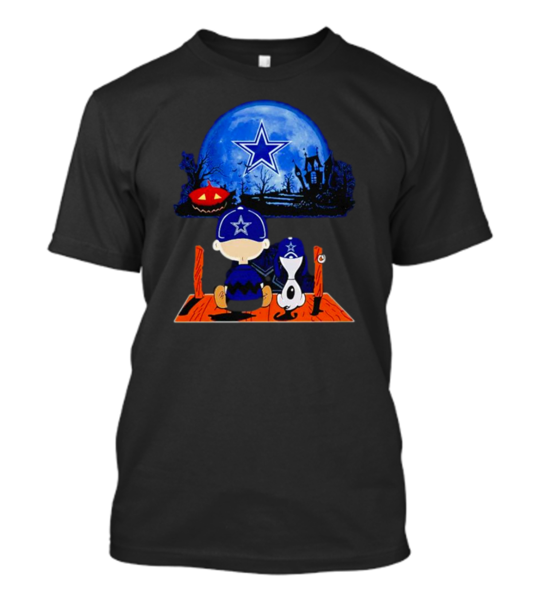 Charlie Brown And Snoopy Dallas Cowboys Halloween Under Blue Moon With Pumpkin T-Shirt