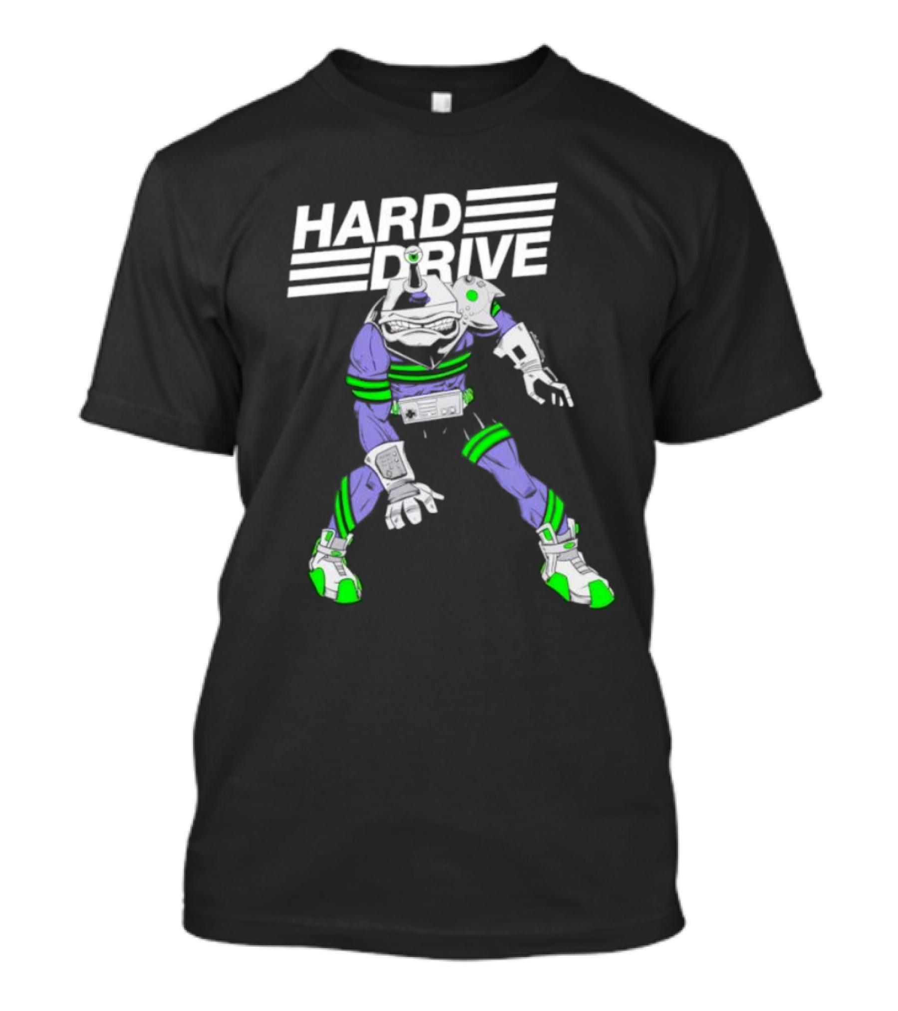 HARD DRIVE Futuristic Cyborg With Green And Purple Accents T-Shirt