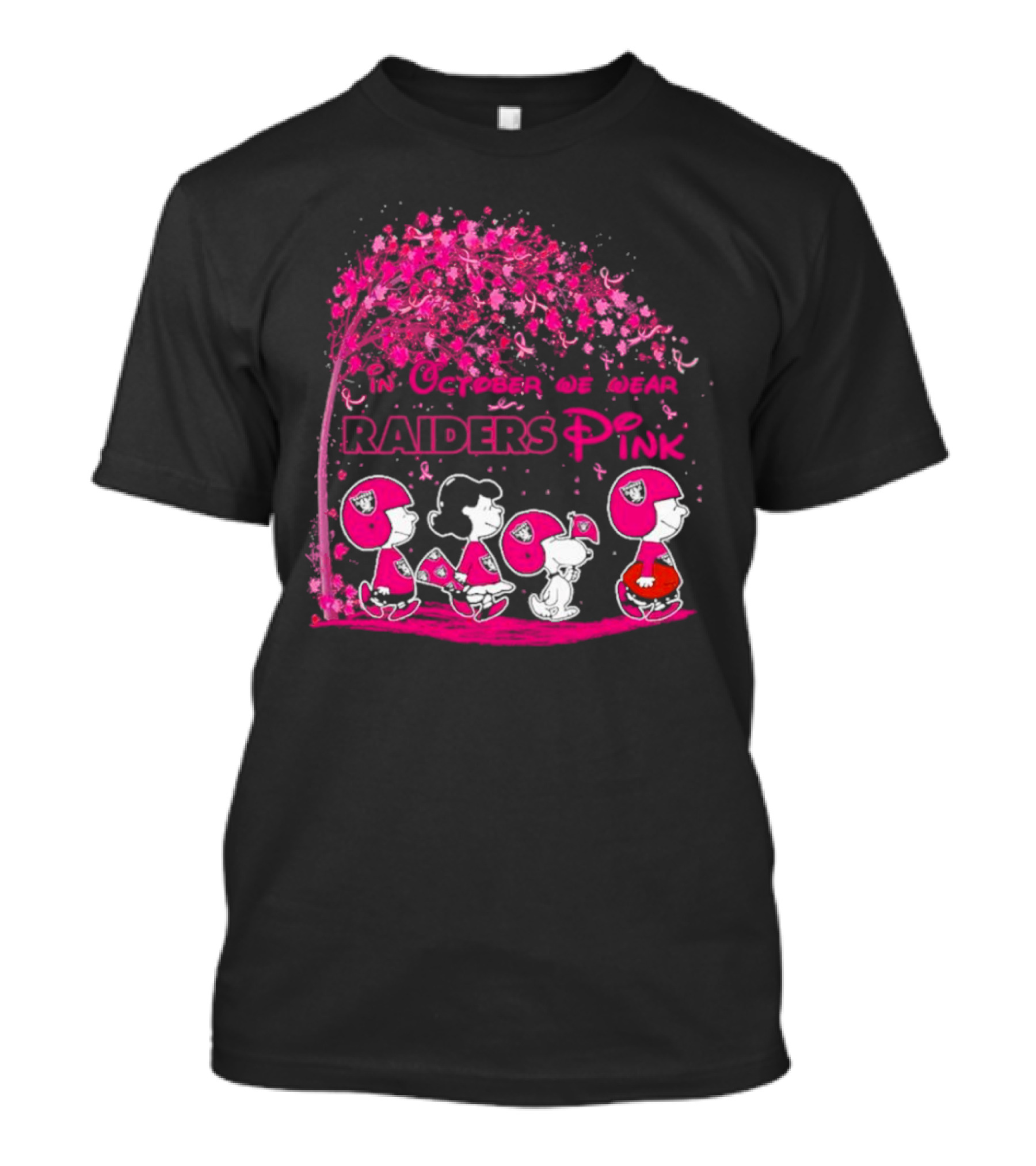 In October We Wear Raiders Pink Peanuts Breast Cancer Awareness T-Shirt