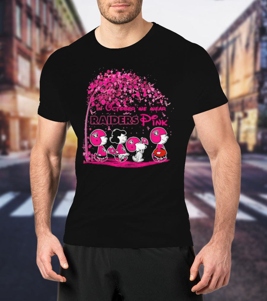 In October We Wear Raiders Pink Peanuts Breast Cancer Awareness T-Shirt
