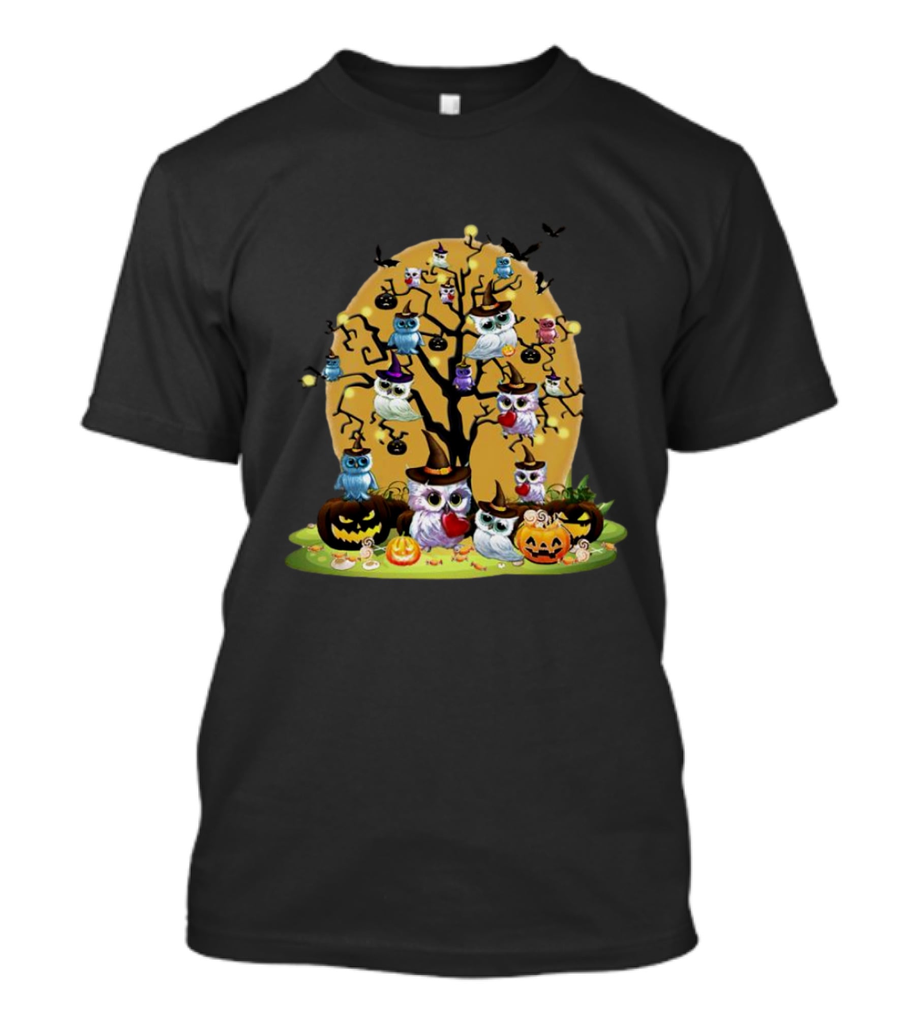 Owls With Witch Hats On Spooky Halloween Tree With Jack-O'-Lanterns T-Shirt