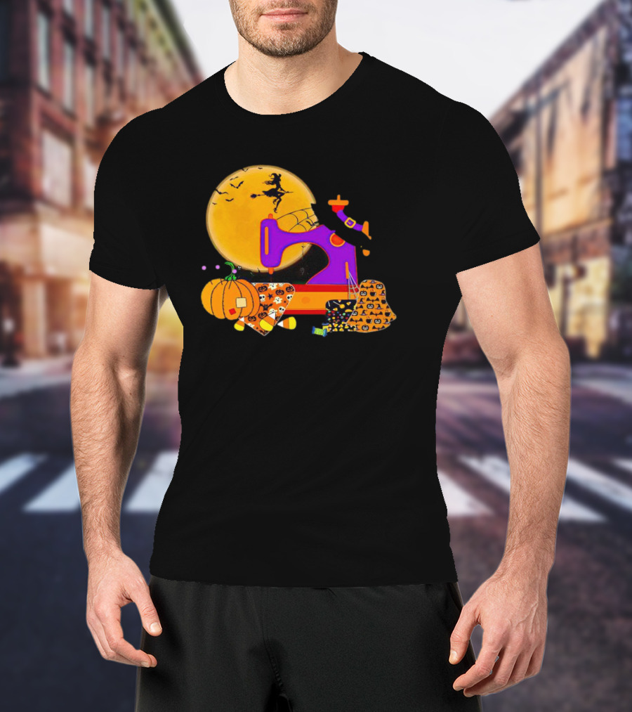 Halloween Witch Flying Over Sewing Machine With Pumpkins And Patchwork T-Shirt