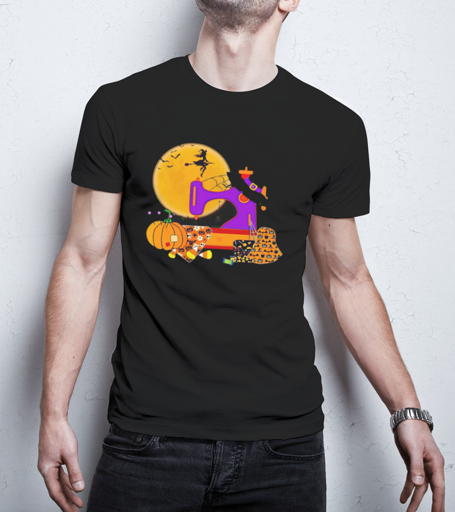 Halloween Witch Flying Over Sewing Machine With Pumpkins And Patchwork T-Shirt