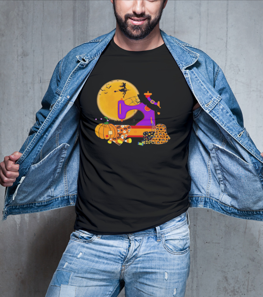 Halloween Witch Flying Over Sewing Machine With Pumpkins And Patchwork T-Shirt