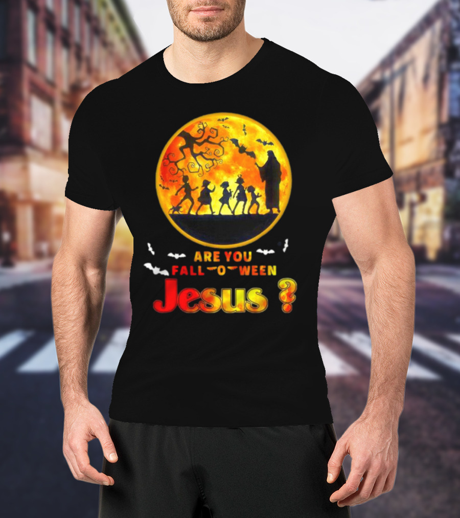 Are You Fall O Ween Jesus Halloween Silhouette With Bats And Tree T-Shirt