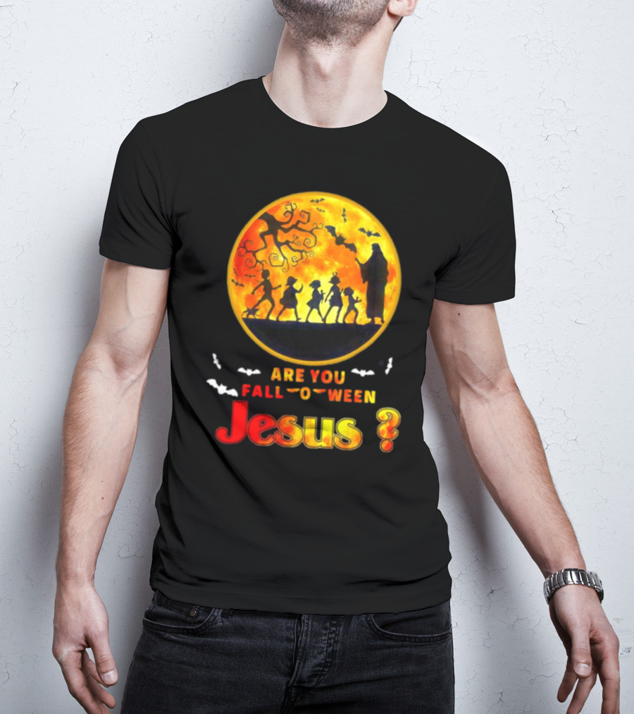 Are You Fall O Ween Jesus Halloween Silhouette With Bats And Tree T-Shirt