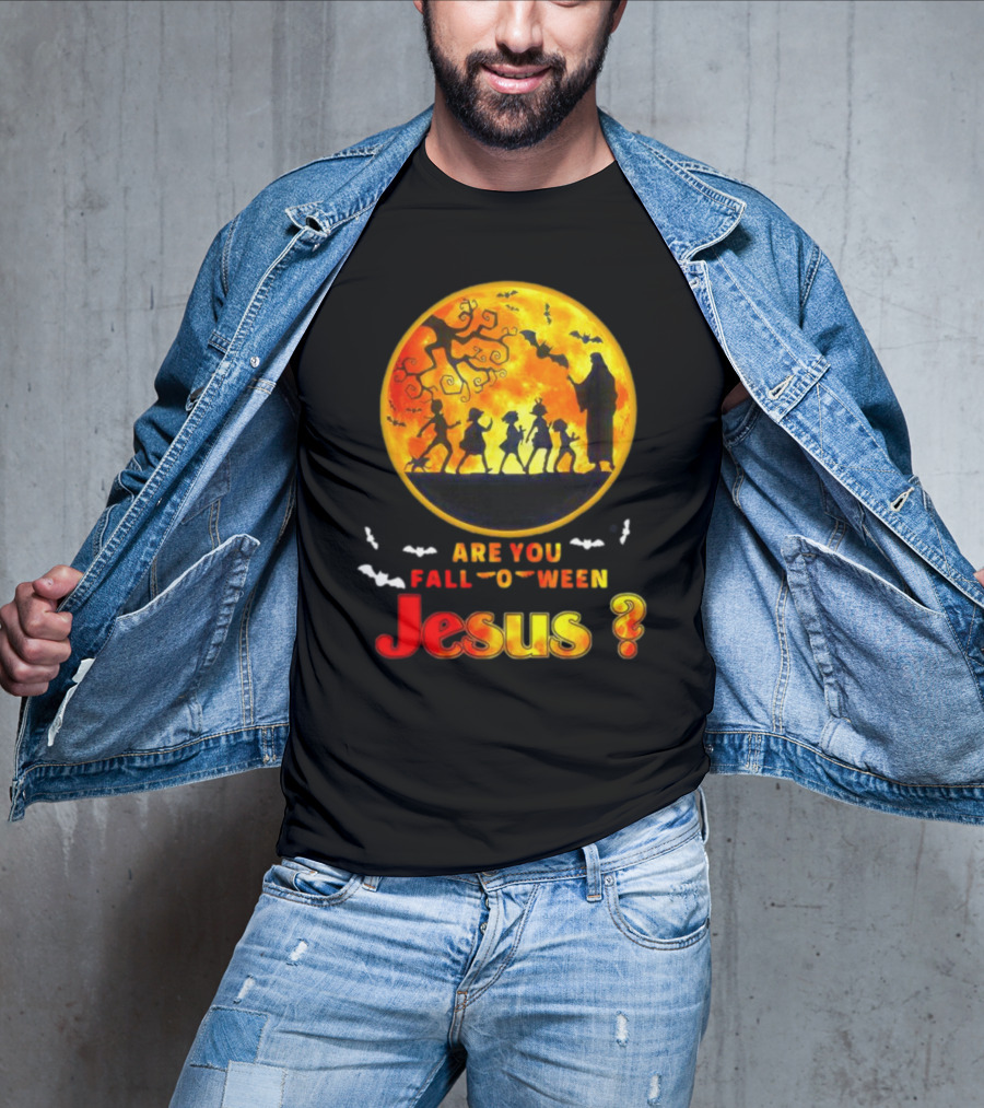 Are You Fall O Ween Jesus Halloween Silhouette With Bats And Tree T-Shirt