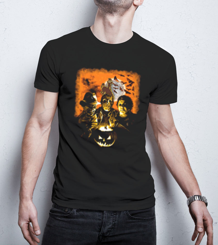 Horror Movies Freddy Krueger Jason Voorhees Michael Myers Halloween Wyoming Cowboys Jack-O'-Lantern Moon Bats T-Shirt