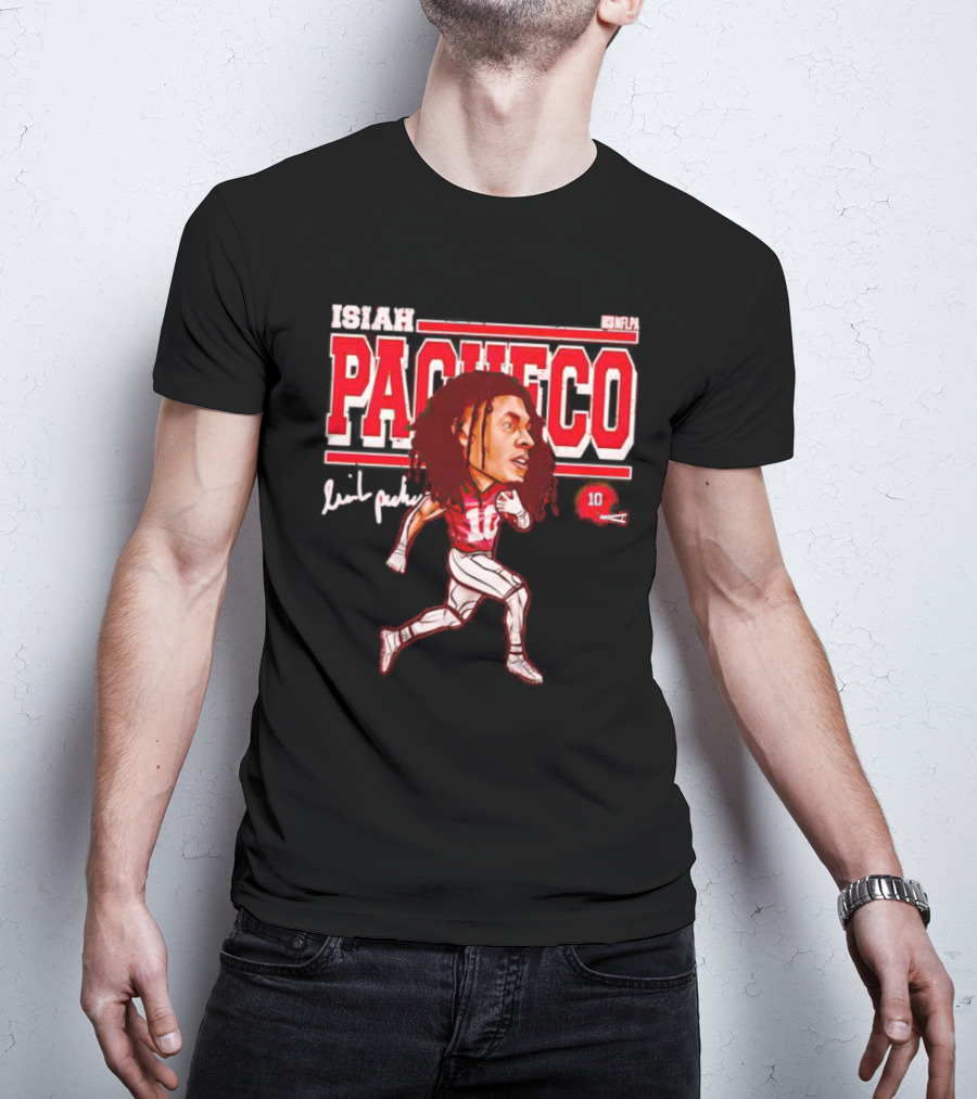 ISIAH PACHECO NFLPA Signature Caricature With Number 10 And Red Helmet T-Shirt