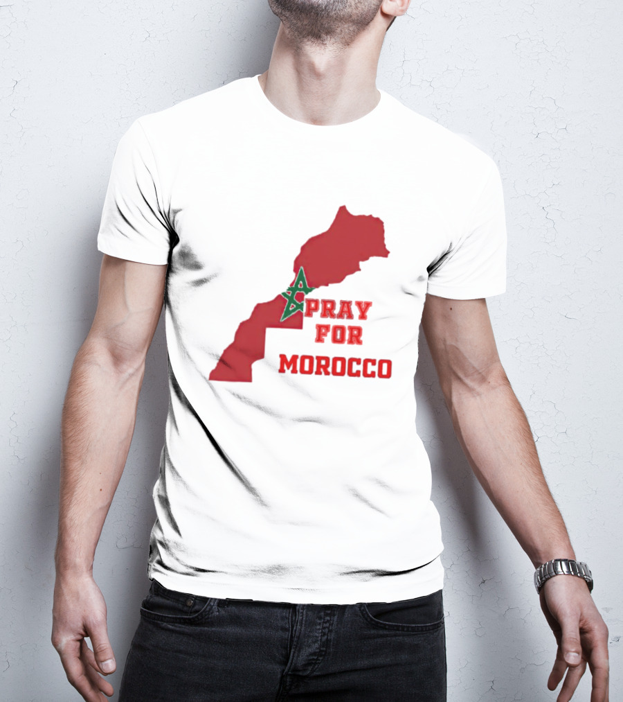 Pray For Morocco Map With Green Star And Red T-Shirt