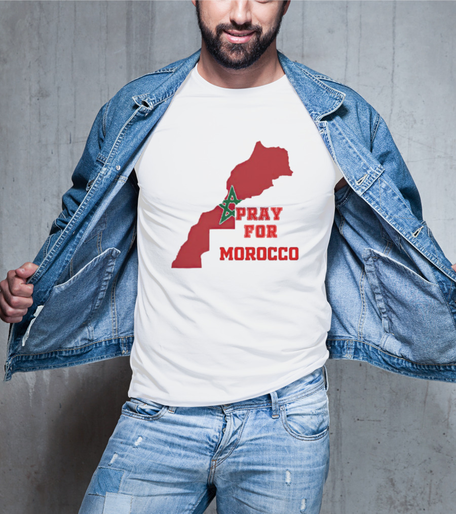 Pray For Morocco Map With Green Star And Red T-Shirt