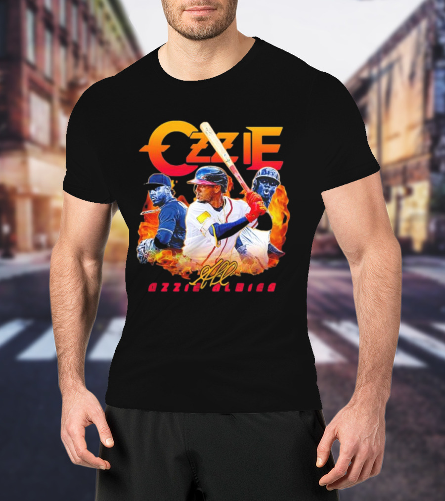 Ozzie Albies MLB Flame Graphic With Signature T-Shirt
